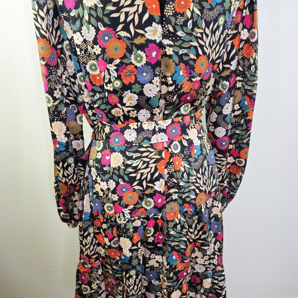 Maia Floral Drop Tie Waist Ruffle Black Long Sleeve Dress 14 - Picture 9 of 13